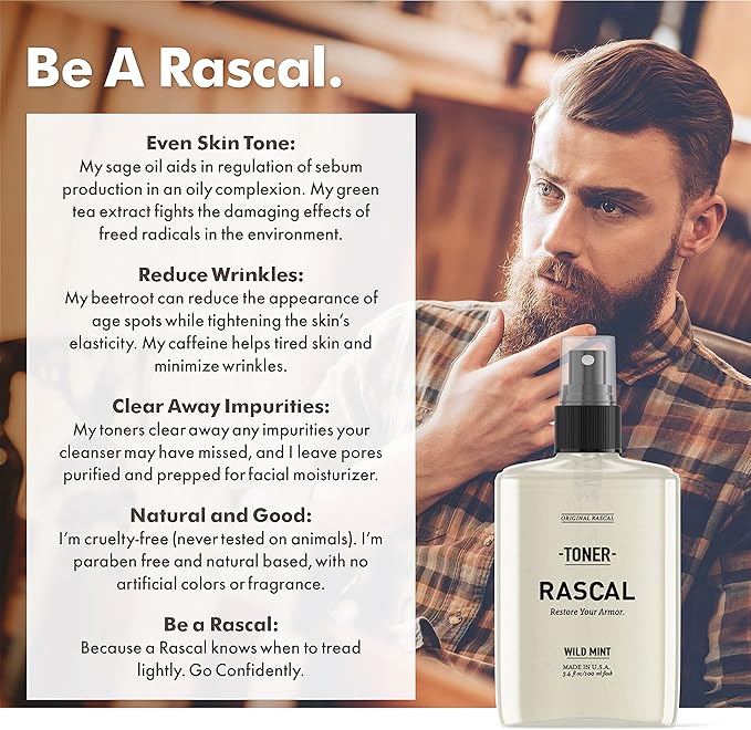 Rascal Face Toner for Men - Sage Oil, Beetroot & Caffeine to Reduce Wrinkles and Clear Away Impurities (3.4 Fl Oz)