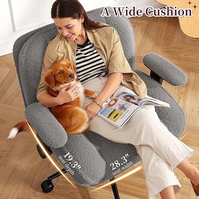 Cross Legged Office Chair with Flip-Up Arms, Wide Criss Cross Chair with Wheels & Extra-Deep Seat Thickened for Home Office, Vanity, Apartment Dorms,Plush Cushion,Comfy,Grey