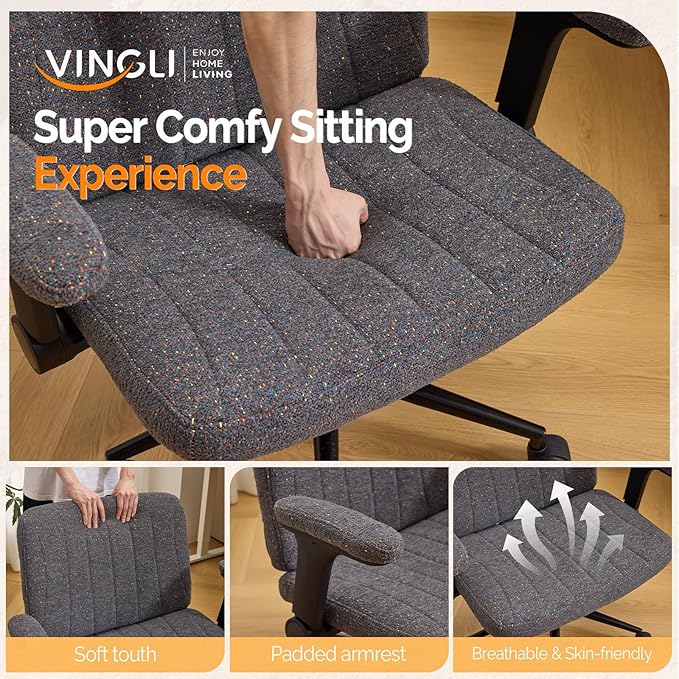 VINGLI Criss Cross Chair with Adjustable Flip-Up Arms,Cross Legged Chair with Wheels,Extra Wide Office Chair,Desk Chair for Home Office,Vanity,Bedroom, Apartment,Starry Chenille,Dark Grey