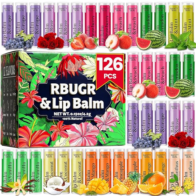126 Pcs Lip Balm Bulk- 12-Flavored Natural Organic Moisturizing Lip Balm Set for Cracked Lips, Bulk Pack Valentine Party Favors Gifts (4.2g/0.15oz)