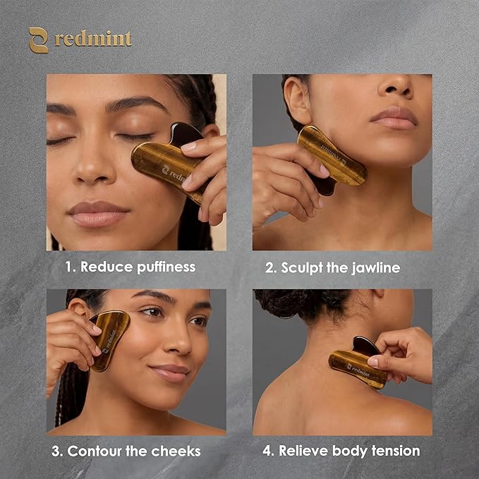 Redmint Tiger Eye Gua Sha Tool for Face | Rooted in Ancient TCM Wisdom | Rediscover Youthful Skin | Facial Massage Tools for Puffiness Reducing, Jawline Sculpting | Face Stone Gua Sha to Lift, Plump