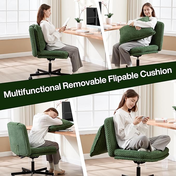 Fizzin Criss Cross Chair,Armless Cross Legged Chair with Wheels,Memory Foam Seat Office Desk Chair with Flipable Back Cushion,Mid Back Swivel Chair for Home Office,Bedroom Vanity (Green)