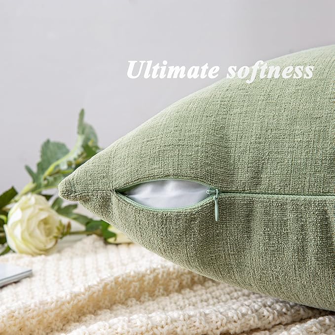 GAWAMAY Decorative Square Throw Pillow Covers 22"x22" Inch Set of 2, Super Soft Chenille Pillows Farmhouse Fall Pillowcase for Living Room Bedroom Sofa Couch Cushion Cover Sage Green 55x55cm