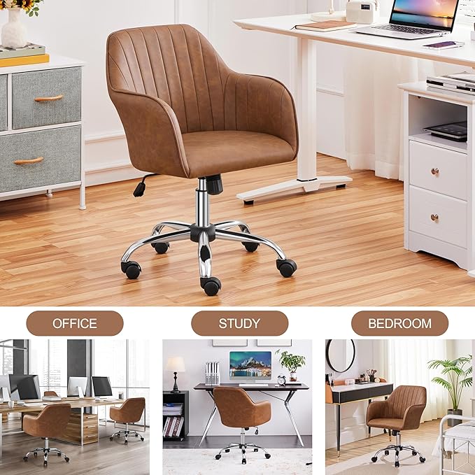 Yaheetech Modern Faux Leather Desk Chair Makeup Chair Height Adjustable Swivel Office Task Computer Armchair for Living Room Retro Brown