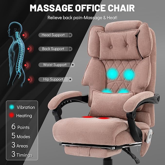 Massage Office Chair with Foot Rest,6 Points Vibration & Heat Executive Office Chairs for Heavy People,500LBS Big and Tall Office Chair,Ergonomic Reclining Desk Chair,Home & Office,Pink