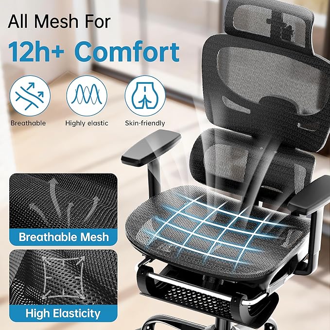 AreShark Office Chair Ergonomic Desk Chair,High Back Computer Chair with 3D Headrest & Armrests,Gaming Chair with Lumbar Support,90-135°Tilt Lock Mesh Office Chair with Footrest,Wheels,Black
