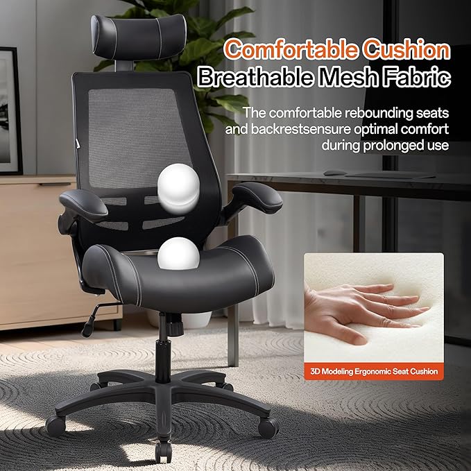 BOLISS Microleather 400lbs Office Chair High-Back Ergonomic Desk Chair with Extra-Thick High-Density Foam Seat, Adjustable Headrest, 90° Flip-Up Arms, and Rocking Tilt for Home & Office