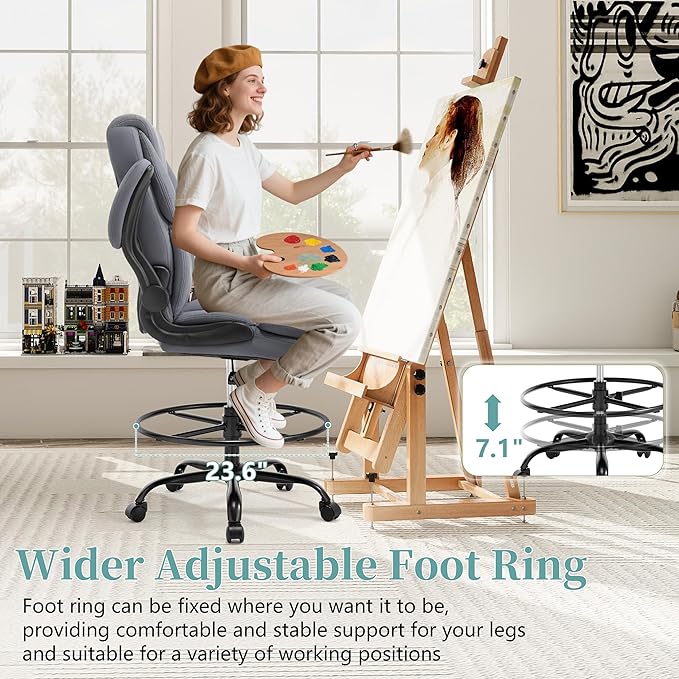 Ergonomic Drafting Chair, Tall Office Chair for Standing Desk, High Back Standing Desk Chair with Flip-Up Armrest, Adjustable Height&Foot Ring, Executive PU Leather Extended Height Office Chairs,Grey