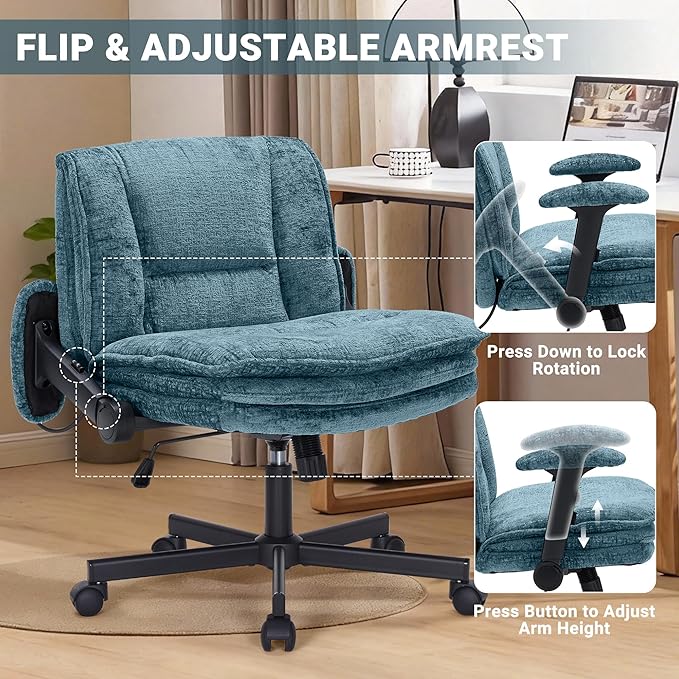Criss Cross Chair with Wheels and Flip Arms, Upholstered Cross Legged Office Chair with 3 Layer Cushions&Dynamic Airbag Lumbar Support, Wide Seat Comfy Desk Chair for Home Office,Living Room,Turquoise