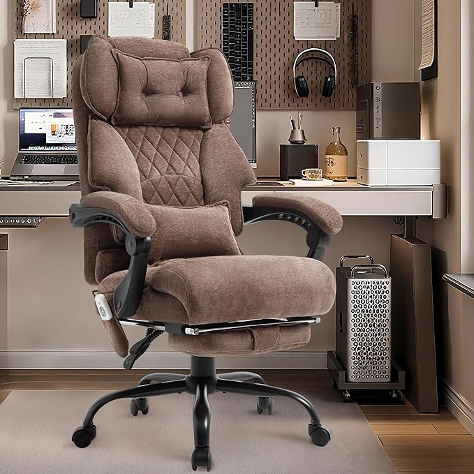 Massage Office Chair with Foot Rest,6 Points Vibration & Heat Executive Office Chairs for Heavy People,500LBS Big and Tall Office Chair,Ergonomic Reclining Desk Chair,Dual-Use Pillow,Home Office,Brown