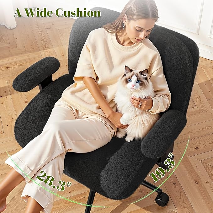 Cross Legged Office Chair with Flip-Up Arms,Oversized Criss Cross Chair with Wheels,Wide & Extra-Deep Seat Thickened for Home Office,Vanity, Bedroom,Apartment Dorms,Vanity Chair,Comfy,Black