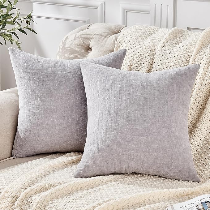 GAWAMAY Decorative Chenille Throw Pillow Covers 24x24 Inch Pack of 2, Soft Square Couch Pillow Cover for Sofa Cushion Living Room Bedroom Solid Dyed Pillowcases Light Grey 60x60cm (ONLY Covers)