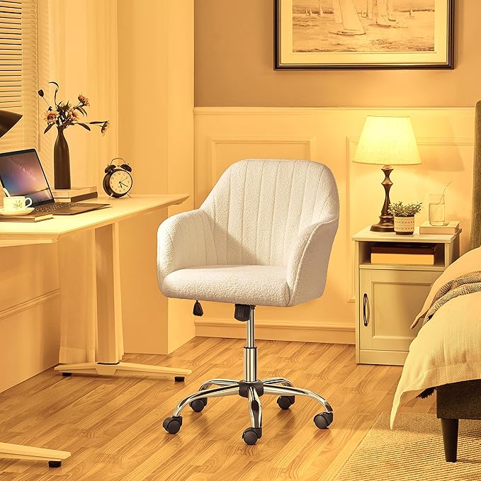 Yaheetech Boucle Desk Vanity Chair with Back Comfy Office Rolling Chair with Wheels Ergonomic Height Adjustable Swivel Modern Accent Armchair for Bedroom Ivory