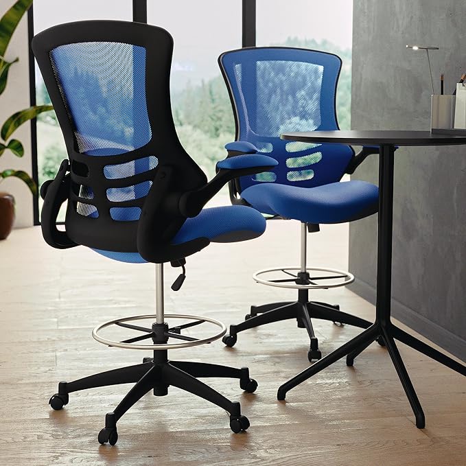 Flash Furniture Kelista Mid-Back Swivel Office Chair with Adjustable Seat Height, Ergonomic Mesh Desk Chair with Flip-Up Armrests, Blue