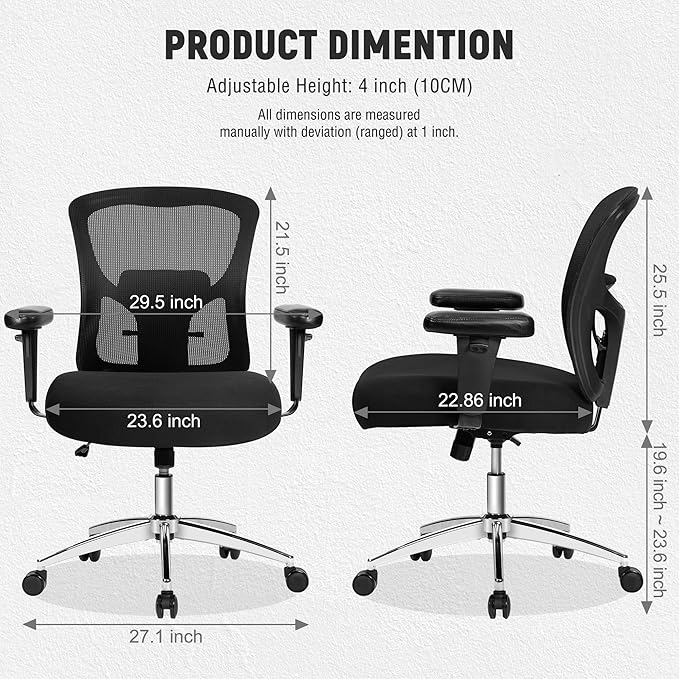 Bigroof Big and Tall Office Chair 600lbs, Heavy Duty Ergonomic Mesh Chair, Computer Executive Desk Chair with Wide Thick Seat, Adjustable Armrests, Lumbar Support (Black, 600LBS)
