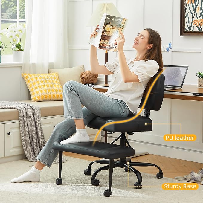 Criss Cross Legged Office Chair with Wheels,Swivel Meditation Chair for ADHD,Ergonomic Cross Legged Desk Chair with Thicken Adjustable Footstool,PU Sitting Fidgeting Kneeling Chair for Home Yoga Black