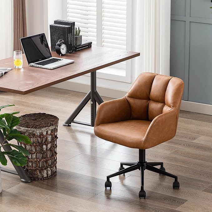 Modern PU Leather Office Desk Chair with Armrest, Height Adjustable Wide Seat Computer Task Chair for Home Office, Mid Back Accent Chair, Brown