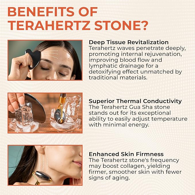 TeraRX® Terahertz Gua Sha & Facial Roller Set – 100% Authentic Terahertz Stone Face Roller to Reduce Puffiness, Improve Wrinkle Lines & Relieve Facial Tension – Perfect for Eye Massage and Relaxation