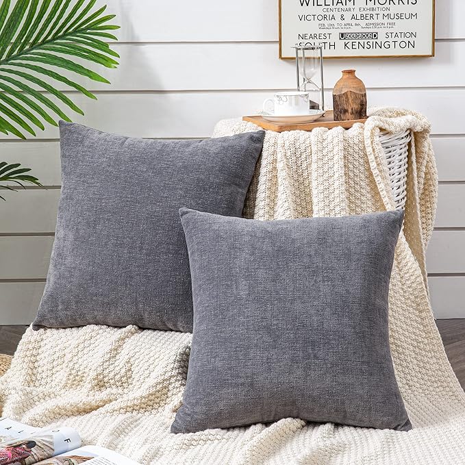 GAWAMAY Decorative Square Throw Pillow Covers 18"x18" Inch Set of 2, Super Soft Chenille Pillows Farmhouse Fall Pillowcase for Living Room Bedroom Sofa Couch Cushion Cover Grey 45x45cm (No Insert)