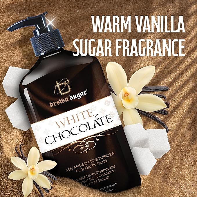 Brown Sugar White Chocolate Tan Extender & Moisturizer for Dark Tans, Moisturizing Lotion for All-Day Hydration & Glow with Dark Chocolate, Argan Oil & Coconut Butter Blend, 18 Fl Oz