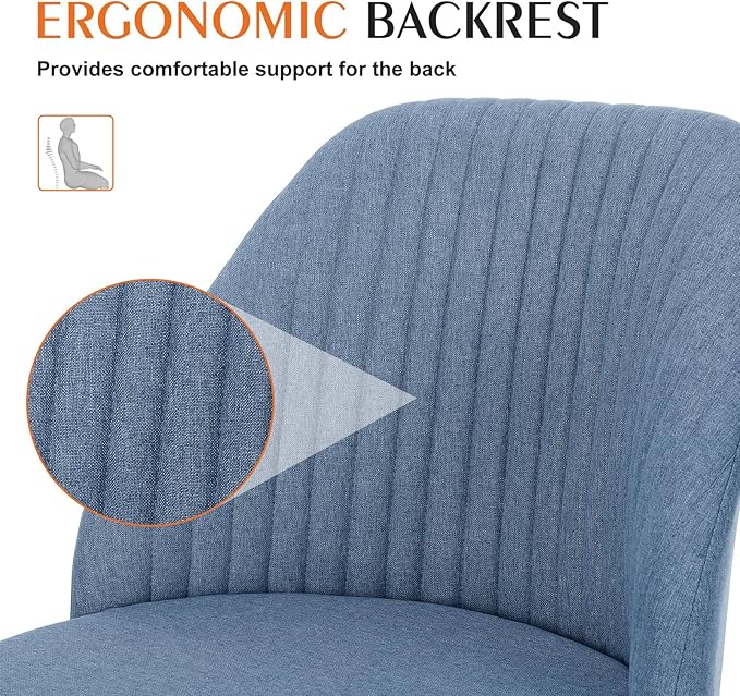 Sweetcrispy Armless Vanity Chair, Cute Comfy Home Office Desk Chair with Wheels, Modern Upholstered Task Computer Seat for Bedroom, Study, Makeup Vanity, Height Adjustable & Swivel, Blue