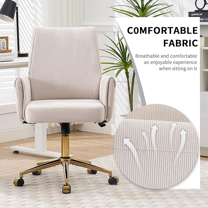 YITAI Stripes Velvet 360°Swivel Desk Chair, Modern Height Adjustable Home Office Armchair with Gold Base and Wheels for Vanity, Comfy Computer Chair for Study Living Room Bedroom（Beige）