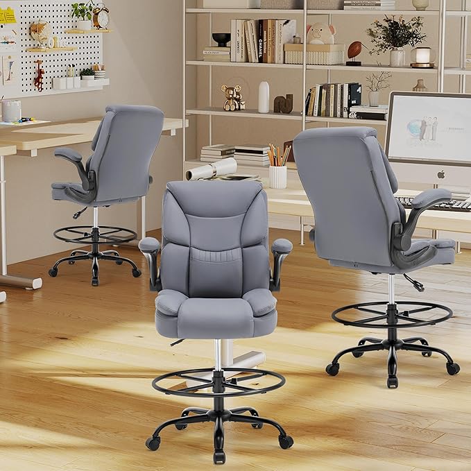 Ergonomic Drafting Chair, Tall Office Chair for Standing Desk, High Back Standing Desk Chair with Flip-Up Armrest, Adjustable Height&Foot Ring, Executive PU Leather Extended Height Office Chairs,Grey