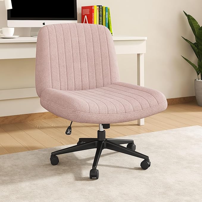 Shintenchi Criss Cross Chair,Cross Legged Office Seat with Wheels Armless Swivel Vanity Chair,Height Adjustable Wide Computer Task Seating for Home Office,Pink ﻿
