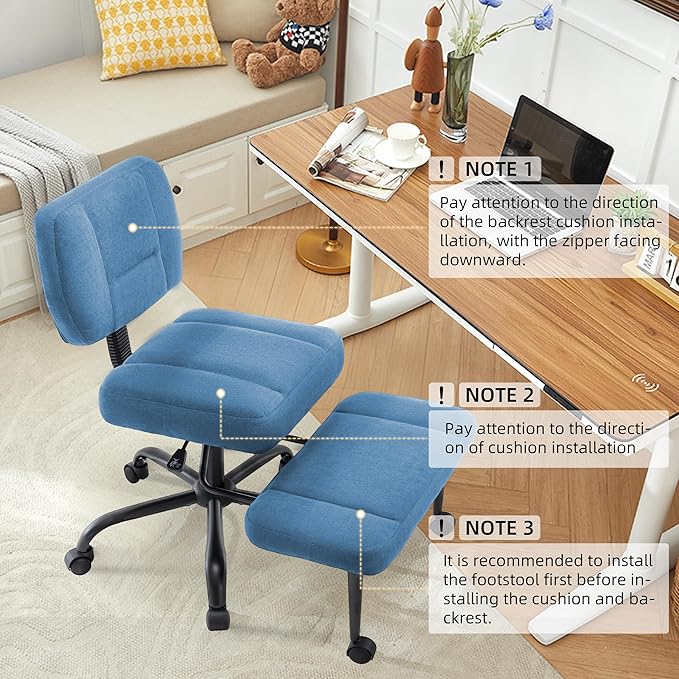 Criss Cross Legged Office Chair with Wheels,Swivel Meditation Chair for ADHD,Ergonomic Desk Chair with Thicken Adjustable Footstool,Fabric Sitting Fidgeting Kneeling Chair for Home Yoga Blue
