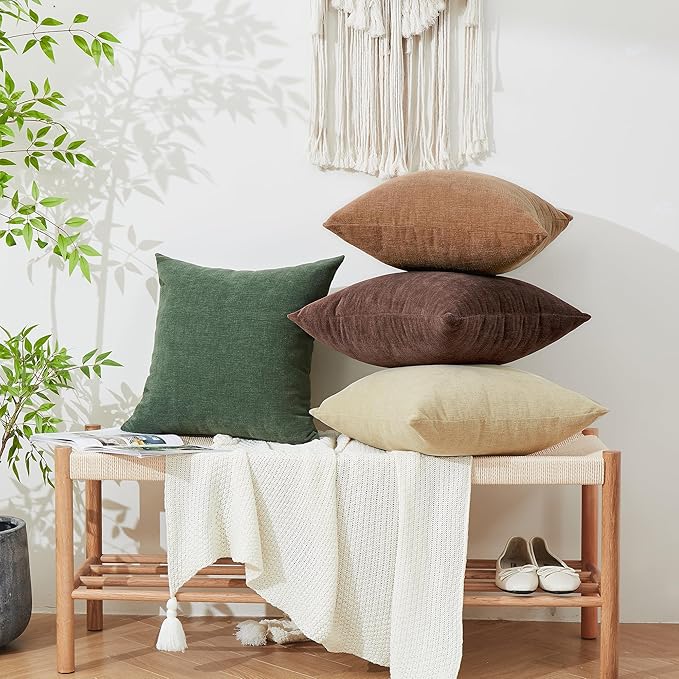 GAWAMAY Decorative Square Throw Pillow Covers 20"x20" Inch Set of 2, Super Soft Chenille Pillows Farmhouse Pillowcase for Living Room Bedroom Sofa Couch Cushion Cover Dark Green 50x50cm (No Insert)