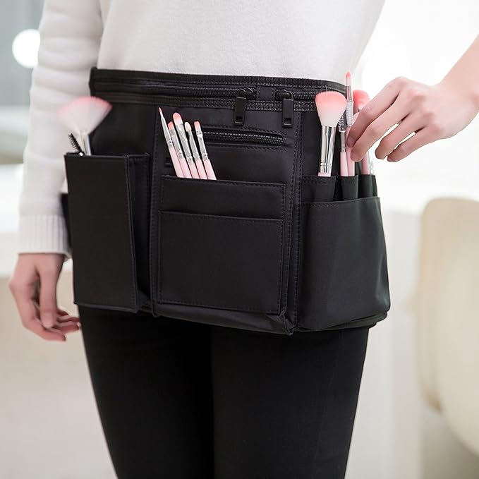 MyGift Professional Black Salon Apron, Makeup Artist Cosmetic Canvas Waist Apron, Multiple Pocket Brush Bag Organizer