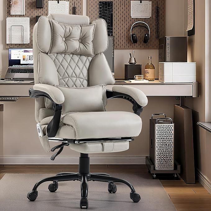 Massage Office Chair with Foot Rest,6 Points Vibration & Heat Executive Office Chairs for Heavy People,500LBS Big and Tall Office Chair,Ergonomic Reclining Desk Chair,Dual-Use Pillow,Beige