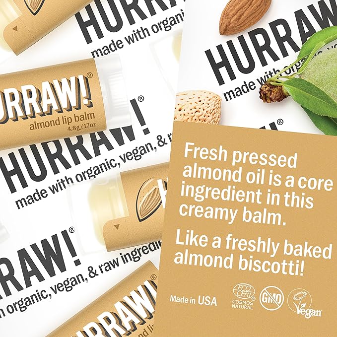 Hurraw! Almond Lip Balm: Organic, Certified Vegan, Cruelty and Gluten Free. Non-GMO, 100% Natural Ingredients. Bee, Shea, Soy and Palm Free. Made in USA