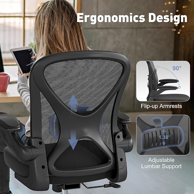 Mesh Office Chair with Adjustable Lumbar Support and Flip-up Arms, Ergonomic Home Office Desk Chair with Wheels, Black