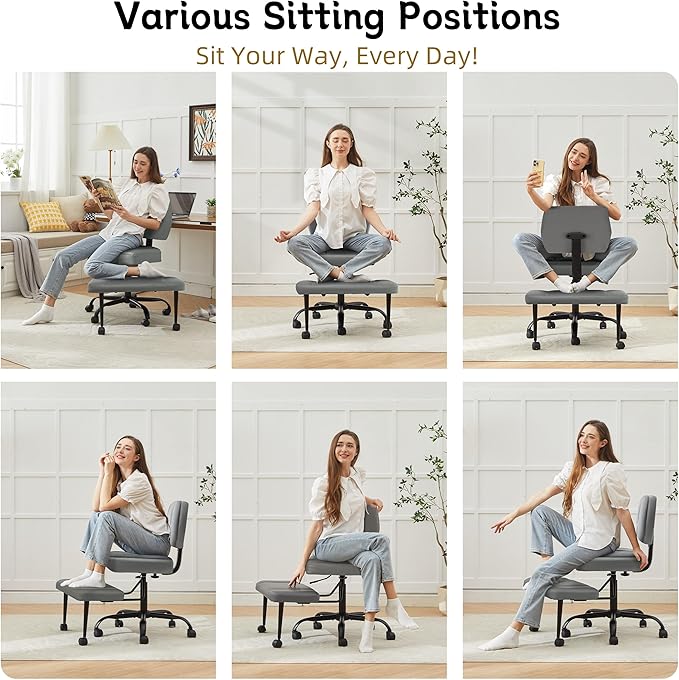 Criss Cross Legged Office Chair with Wheels,Swivel Meditation Chair for ADHD,Ergonomic Cross Legged Desk Chair with Thicken Adjustable Footstool,PU Sitting Fidgeting Kneeling Chair for Home Yoga Grey