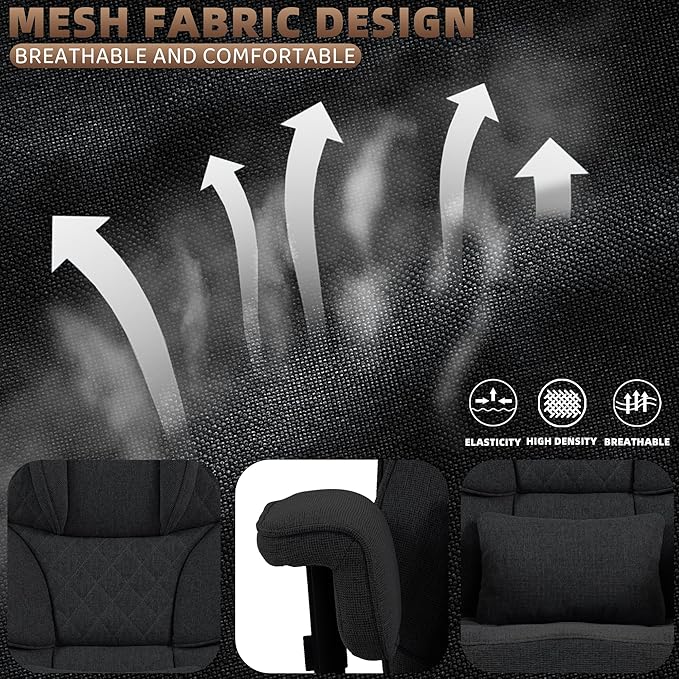 Vonesse Big and Tall Office Chair, Computer Chair with Soft Adjustable Armrests, Ergonomic Gaming Chair with Breathable Linen Design, Executive Chairs with Footrest (Linen Fabric, Classic Black)