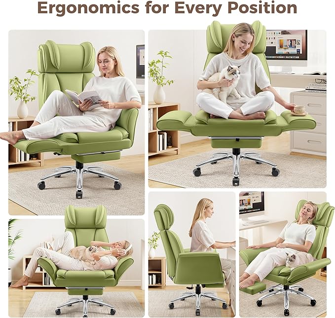 Big and Tall Office Chair, Flip Armrests for Pets & Cross Legged Sitting, Ergonomic Leather Executive Desk Chair with Foot Rest, High-Back Reclining Computer Chairs for Office Home Game - Green