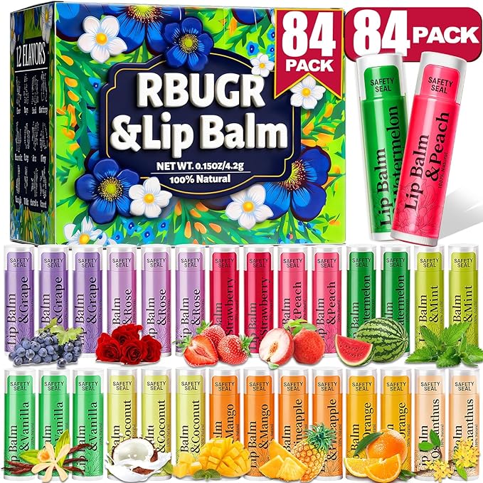 84 Pack Lip Balms - 12 Flavors Natural Organic Vitamin E Moisturising Balm for Dry Cracked Lips, Bulk Gifts for Valentines, Stocking Stuffers & Party Favors (4.2g/0.15oz)