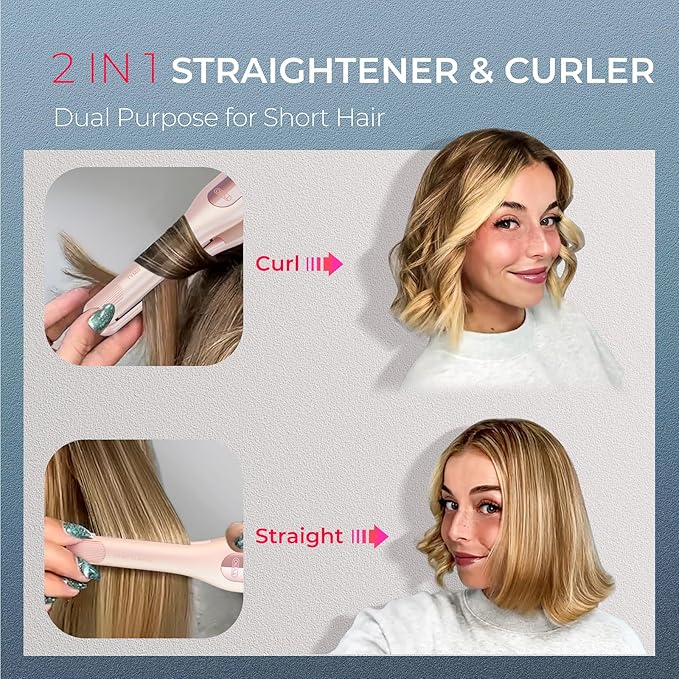 TYMO Curling Iron for Short Hair - Cordless Mini Flat Iron for Travel, Portable Small Curved Straightener for Women, Hair Straightener and Curler 2 in 1, Lightweight On-The-Go, Dual Voltage, Gold Pink
