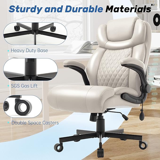 550LBS Big and Tall Office Chair, Comfy Heavy Duty Executive Chair with Adjustable Lumbar Support Double Spaces Casters, PU Extra Wide Seat Ergonomic Computer Desk Chair for Back Pain, BEIGEWHITE