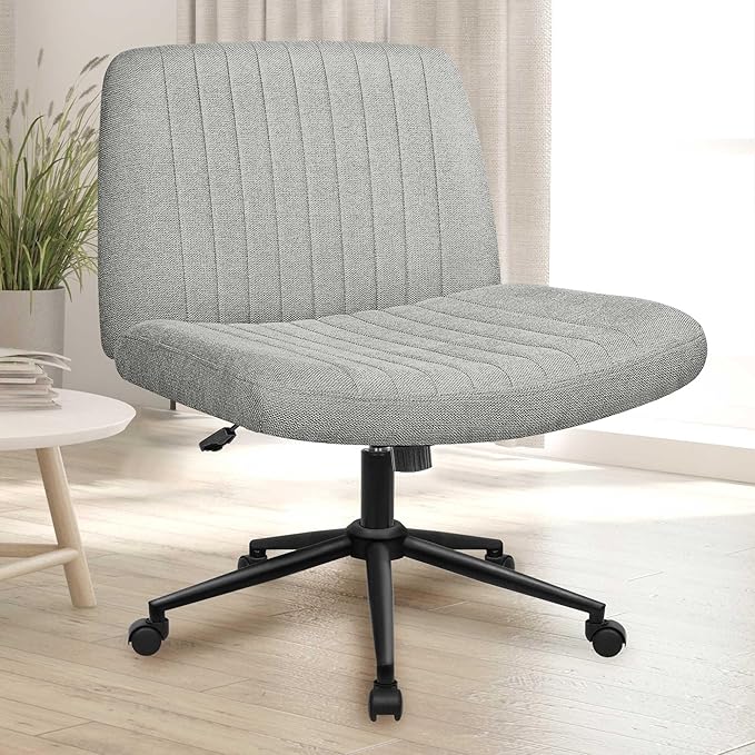 NEO Chair Criss Cross Chair with Wheels Armless Cross Legged Office Desk Wide Comfy Vanity Makeup Chair Adjustable Swivel Rolling Computer for Home Office Fabric (Grey)