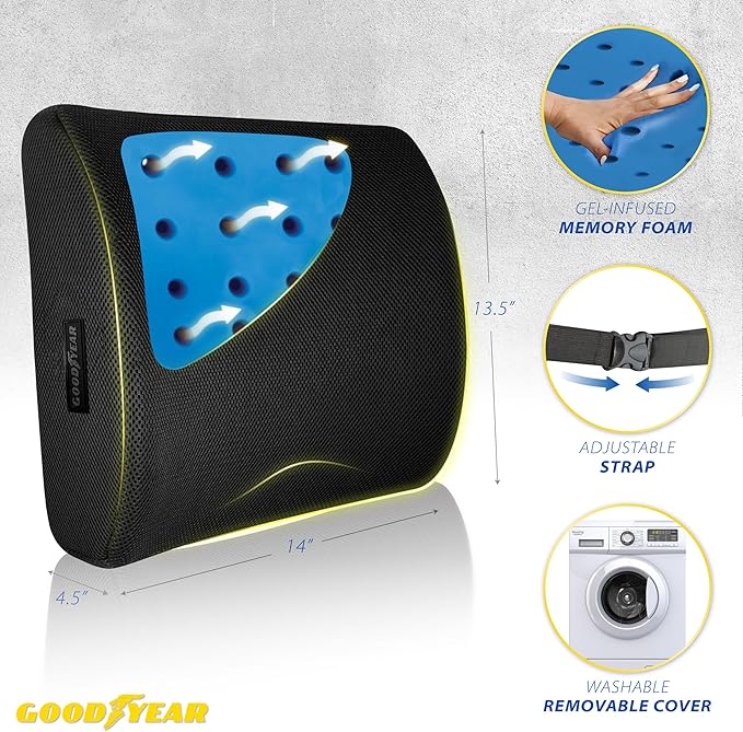 Goodyear Lumbar Support Car Seat Cushion with Cooling Gel – Accessories for Driving – Memory Foam Car Seat Lumbar Support Pillows, Office Chairs Cushion, Ergonomic Back Support, Desk Accessories