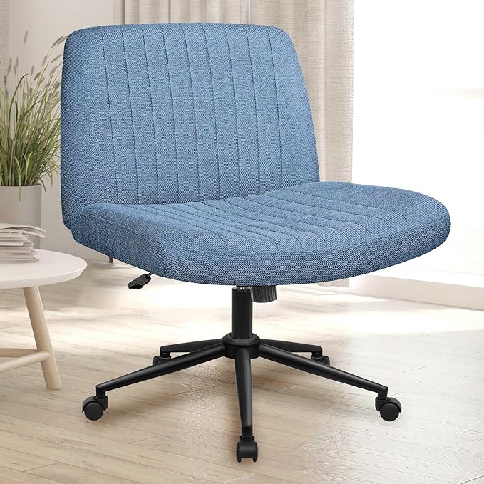 NEO Chair Criss Cross Chair with Wheels Armless Cross Legged Office Desk Wide Comfy Vanity Makeup Chair Adjustable Swivel Rolling Computer for Home Office Fabric (Blue)