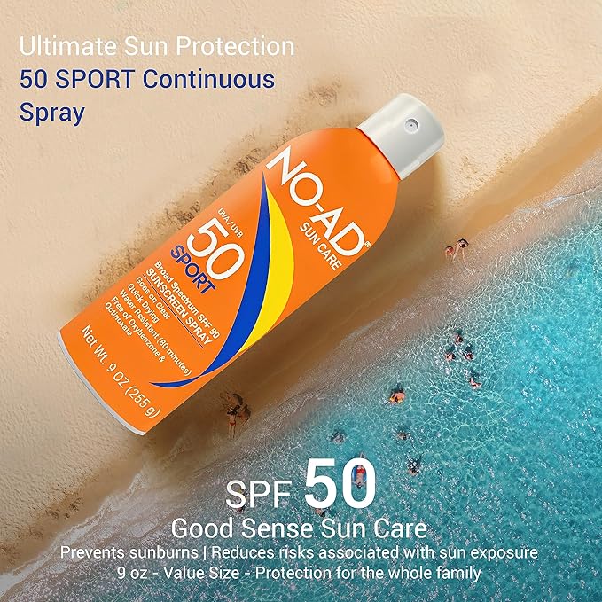 NO-AD SPORT SPF 50 Sunscreen Spray | Non-Greasy, Waterproof and Non toxic Sunscreen | Body Sunscreen | Suitable for All Skin Types | Broad Spectrum Protection for Active Lifestyles | 9 oz