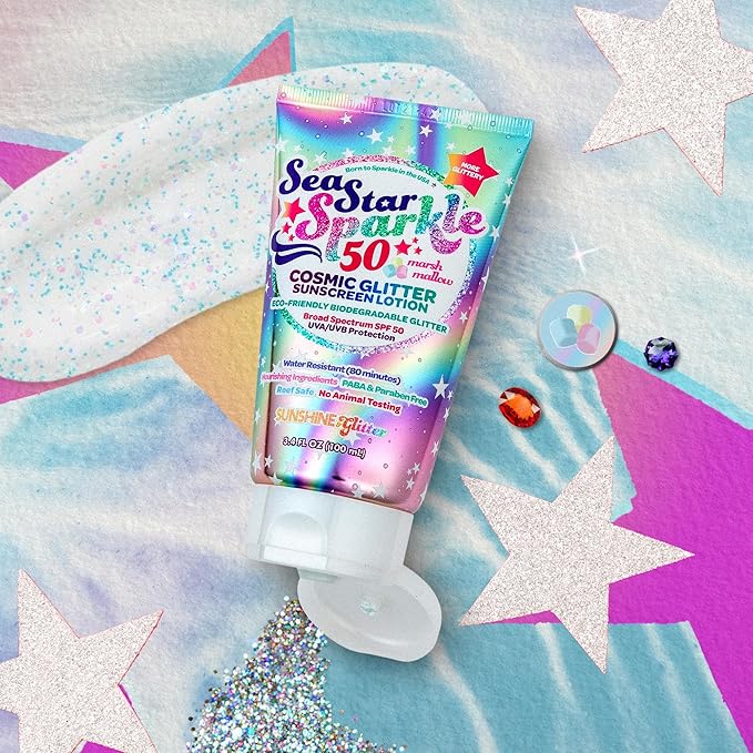 Seastar Sparkle - Cosmic Marshmallow Scented Glitter Sunscreen Lotion - SPF 50 - Biodegradable Sunscreen, Kids, Water Resistant, Glitter lotion, Cruelty Free, Kids Lotion, Made in USA, 3.4oz