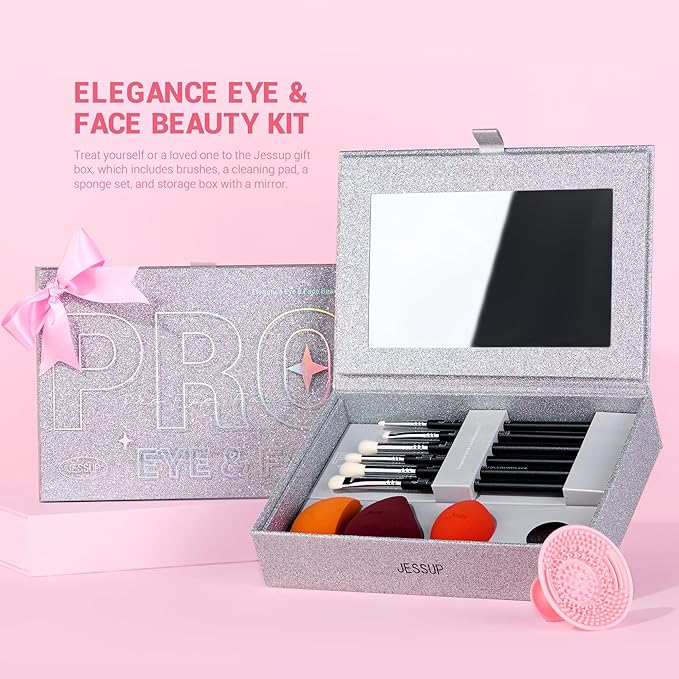 Jessup Makeup Sponge Set 3pcs, Eyeshadow Brush Set 6pcs, Makeup Brush Cleaner Mat and Makeup Box with Mirror – Premium Beauty Tools for Flawless Application, T504