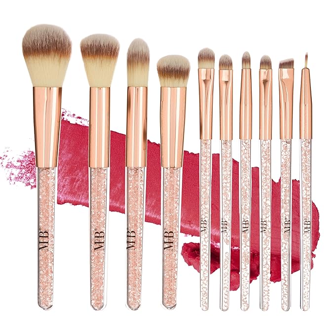 10pc Pro Makeup Brush Set w/Sparkling Gemstones in Rose Gold - 10 Quality Soft Bristle Makeup Brushes For Everyday Use - Professional Makeup Brushes & Tool