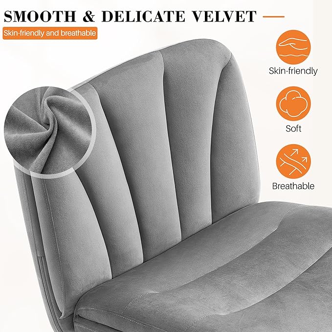 FelixKing Criss Cross Chair with Wheels, Cross Legged Office Chair, Armless Wide Vanity Desk Chair with 2 Layer Comfty Velvet & Back - Swivel for Home Office Bedroom, Velvet Gray