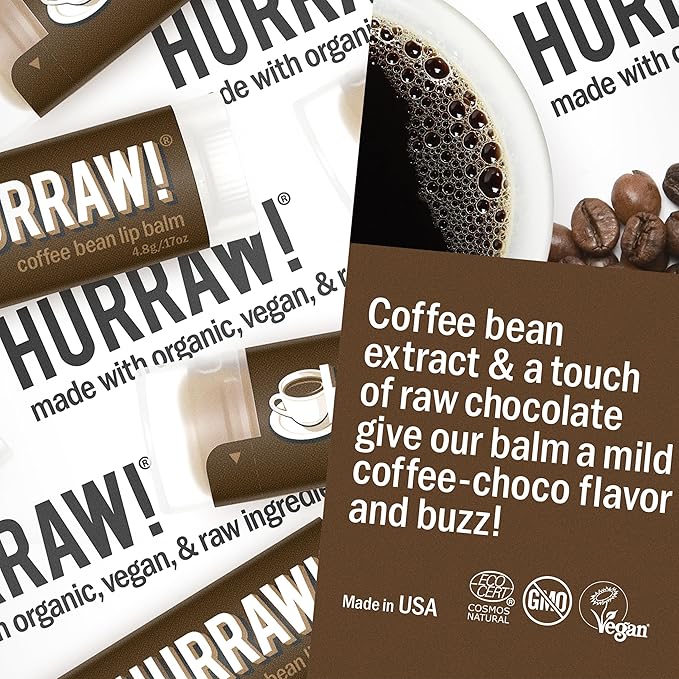 Hurraw! Coffee Bean Lip Balm: Organic, Certified Vegan, Cruelty and Gluten Free. Non-GMO, 100% Natural Ingredients. Bee, Shea, Soy and Palm Free. Made in USA