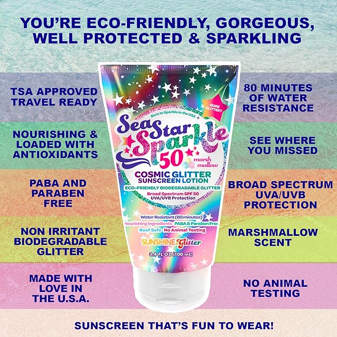 Seastar Sparkle - Cosmic Marshmallow Scented Glitter Sunscreen Lotion - SPF 50 - Biodegradable Sunscreen, Kids, Water Resistant, Glitter lotion, Cruelty Free, Kids Lotion, Made in USA, 3.4oz